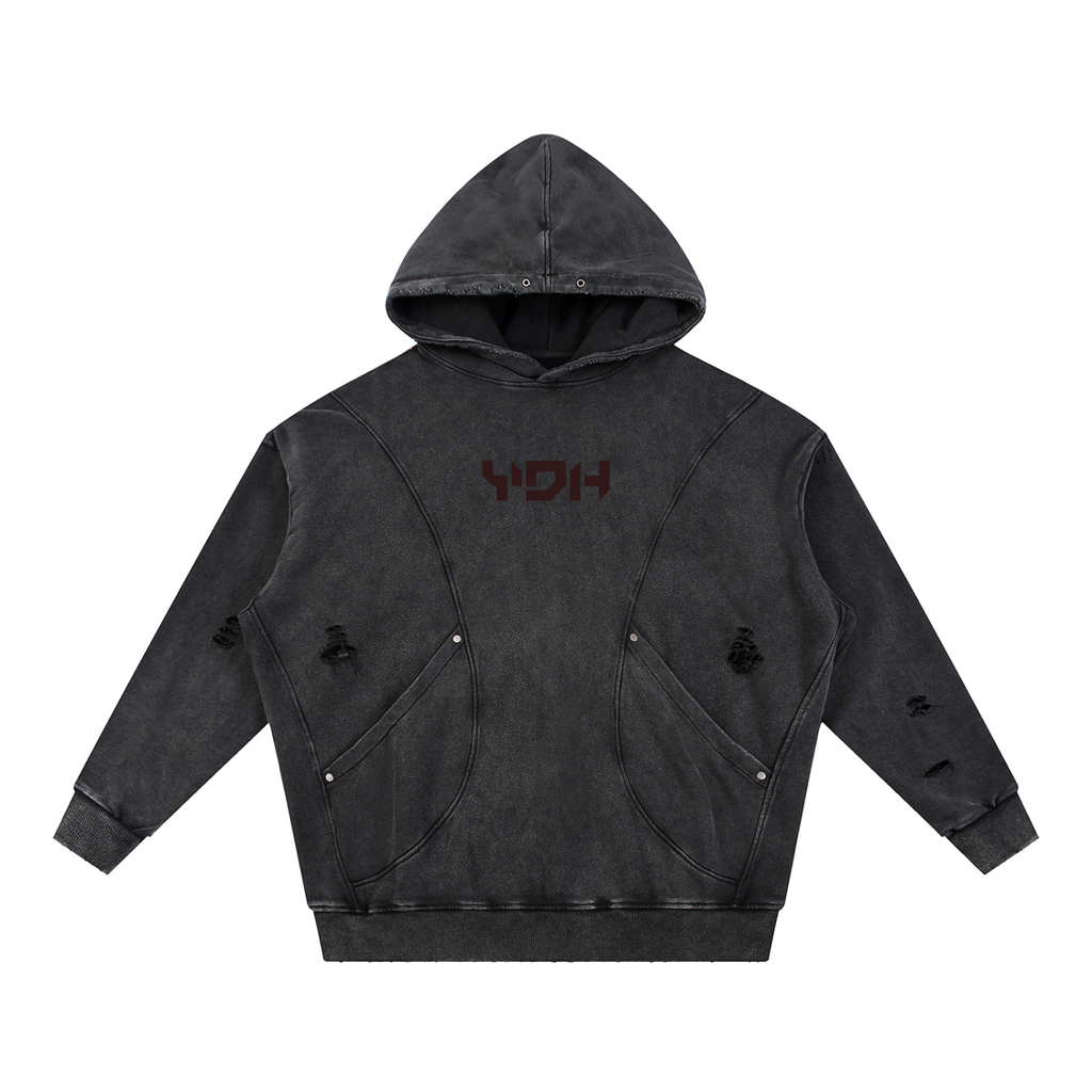 YDH Snow Washed Distressed Panel Pocket Hoodie