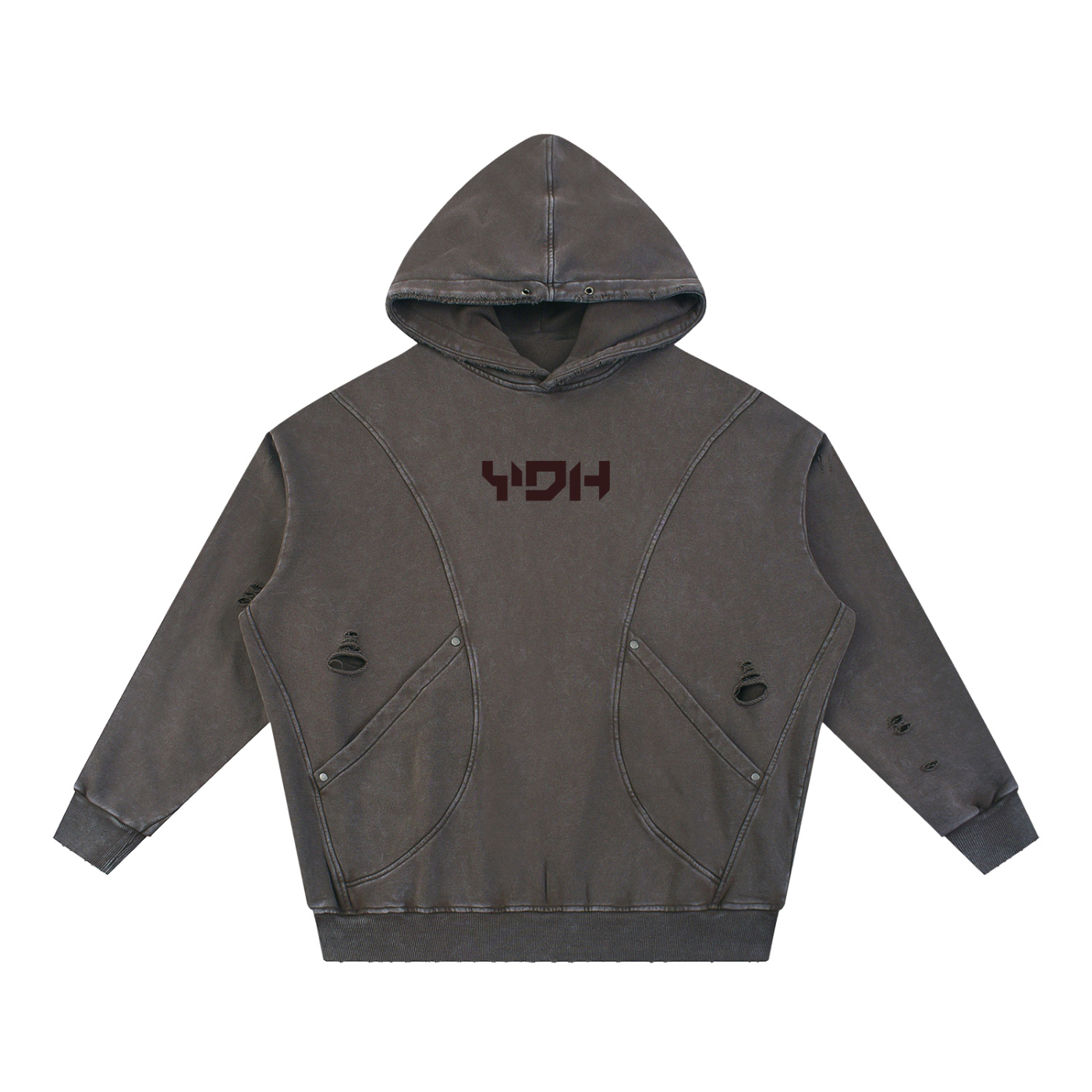 YDH Snow Washed Distressed Panel Pocket Hoodie